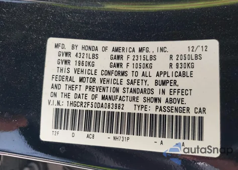 2013 Honda Accord Sport from USA, damaged, VIN 1HGCR2F50DA083982